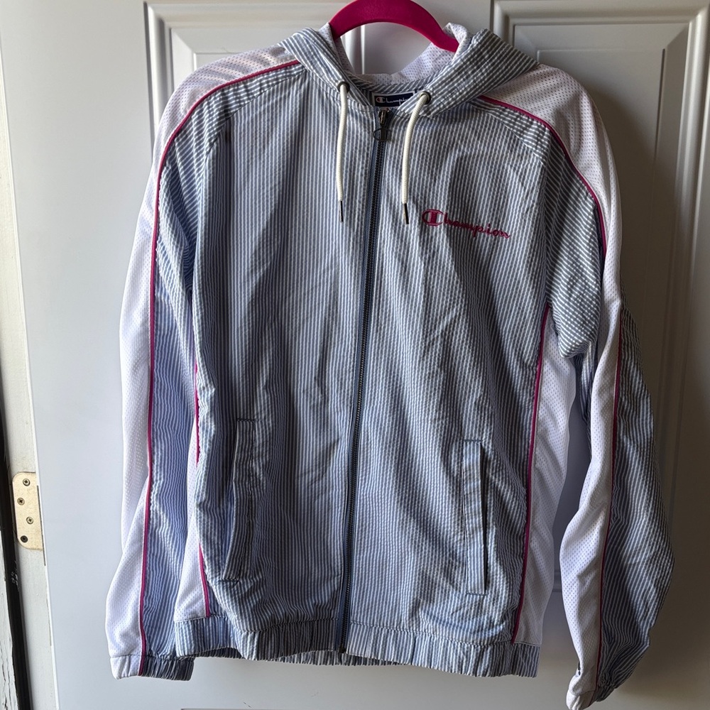Champion Hooded Zip Jacket in White, Light Blue & Pink Trim